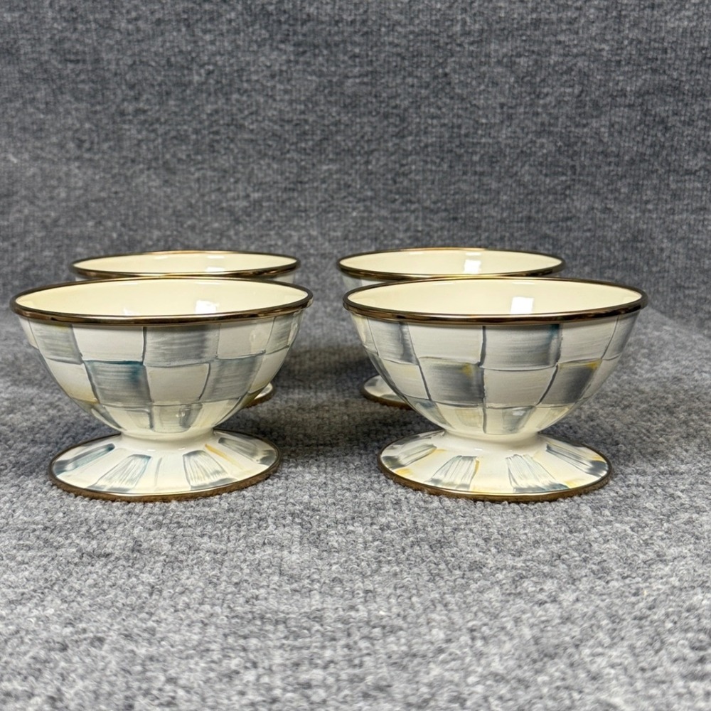 MacKenzie Childs Sterling Check Enamel Ice Cream Dish Bowl Set Of 4 Blue